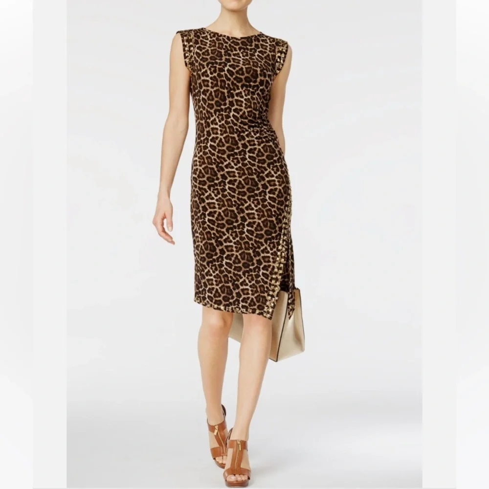 Michael Kors Side Slit Gold Studded Leopard Print Dress Side Ruched Dress